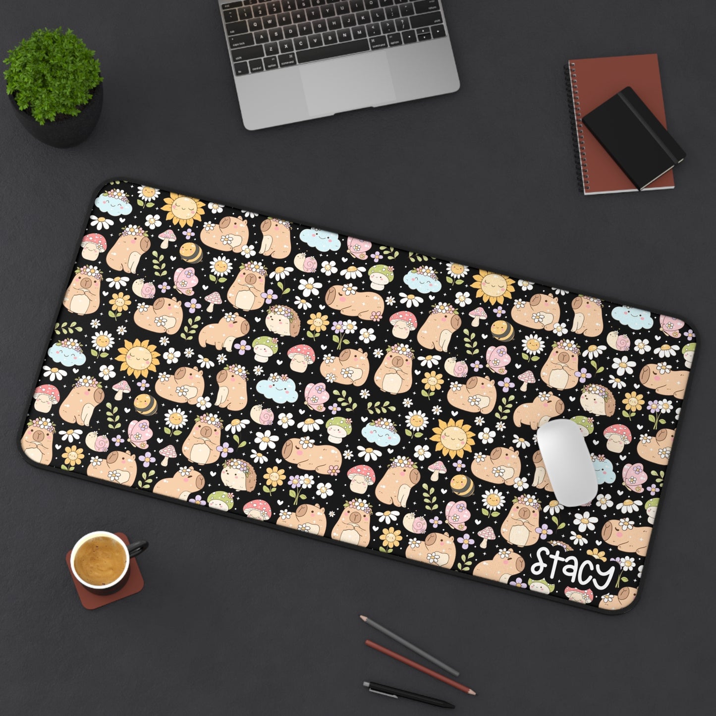 Cute Capybara Desk Mat with Floral Design (black)- Cute Personalized Desk Mat | Includes Free Tote Bag & Sticker (waterproof)