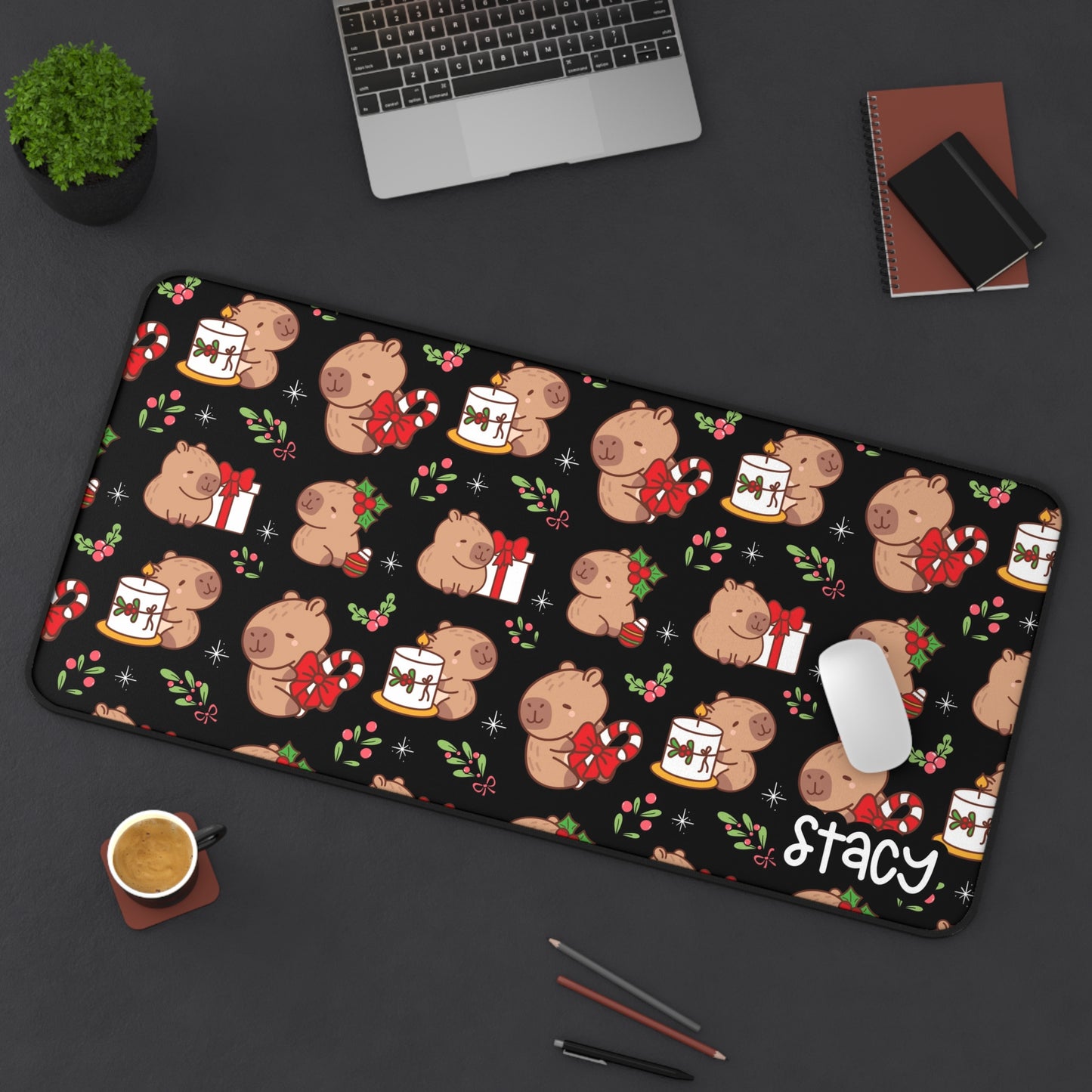 Cute Christmas Capybara Desk Mat with Personalization