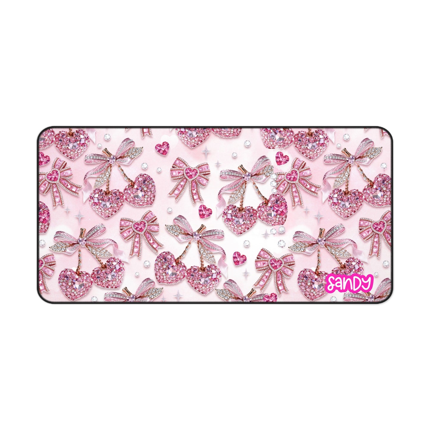 Pink Glitter Bow Cherry Desk Mat | Personalized Valentine Mouse Pad | Cute Valentine Desk Mat