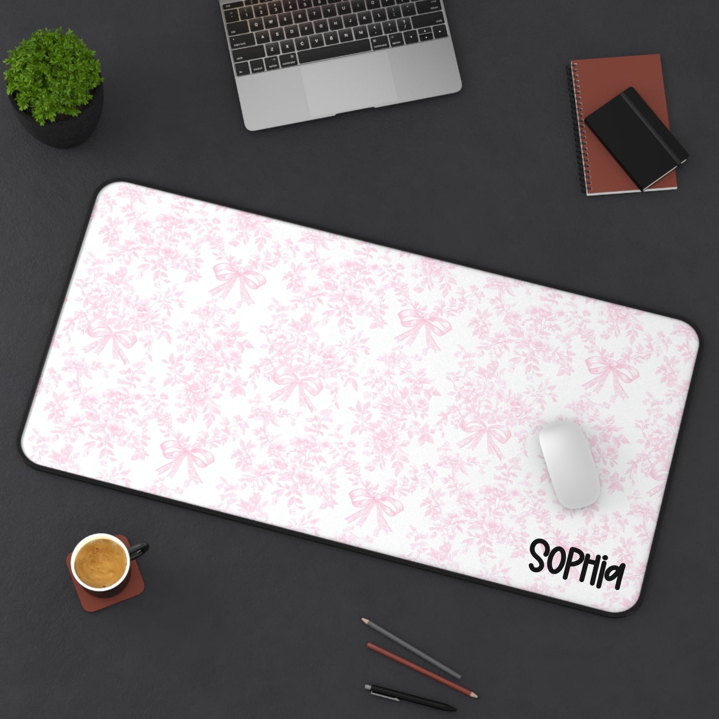Soft Pink Damask Desk Mat — Girly Custom Name  Mousepad