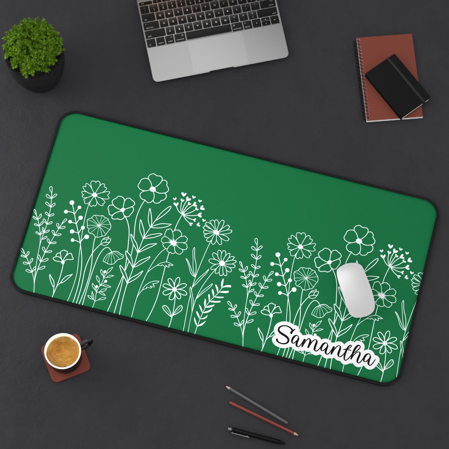 Minimalist Flower Field Personalized Desk Mat Green | Personalized Desk Mat | Cute Desk Pad