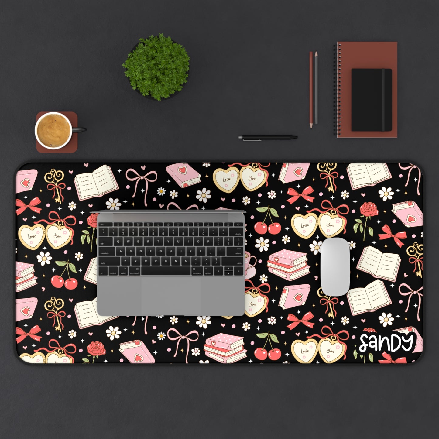 Bookish Cherry Desk Mat (black) — Pink Hearts, Tea & Reading Pattern Mouse Pad