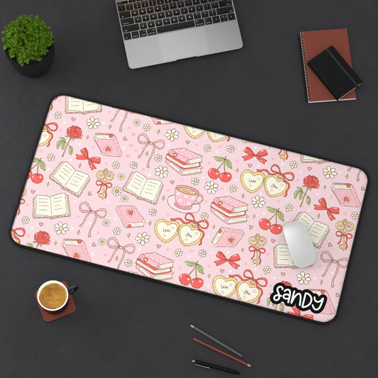 Bookish Valentine Pink Desk Mat — Cute Books, Tea & Cherry Pattern