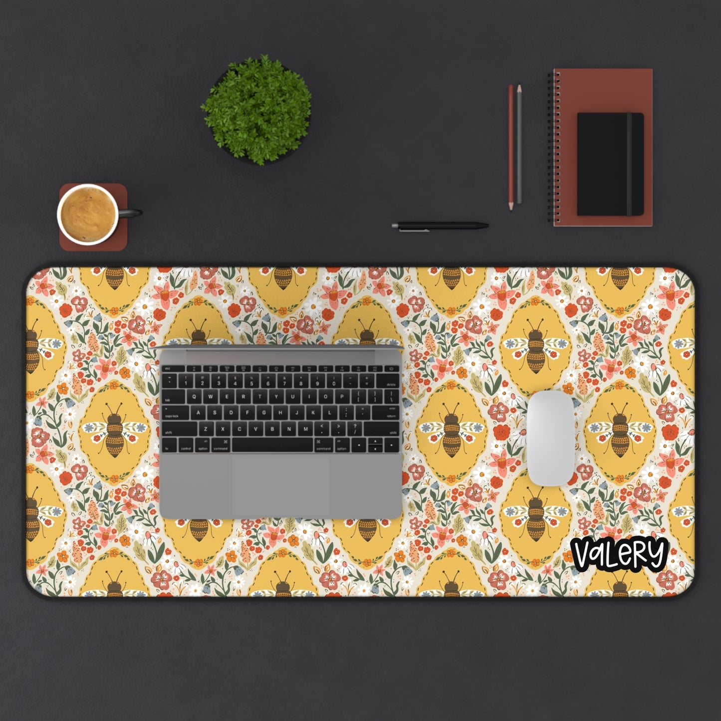 Floral Bee Pattern Desk Mat | Cute Bees Mouse Pad | Cottagecore Bees Desk Mat