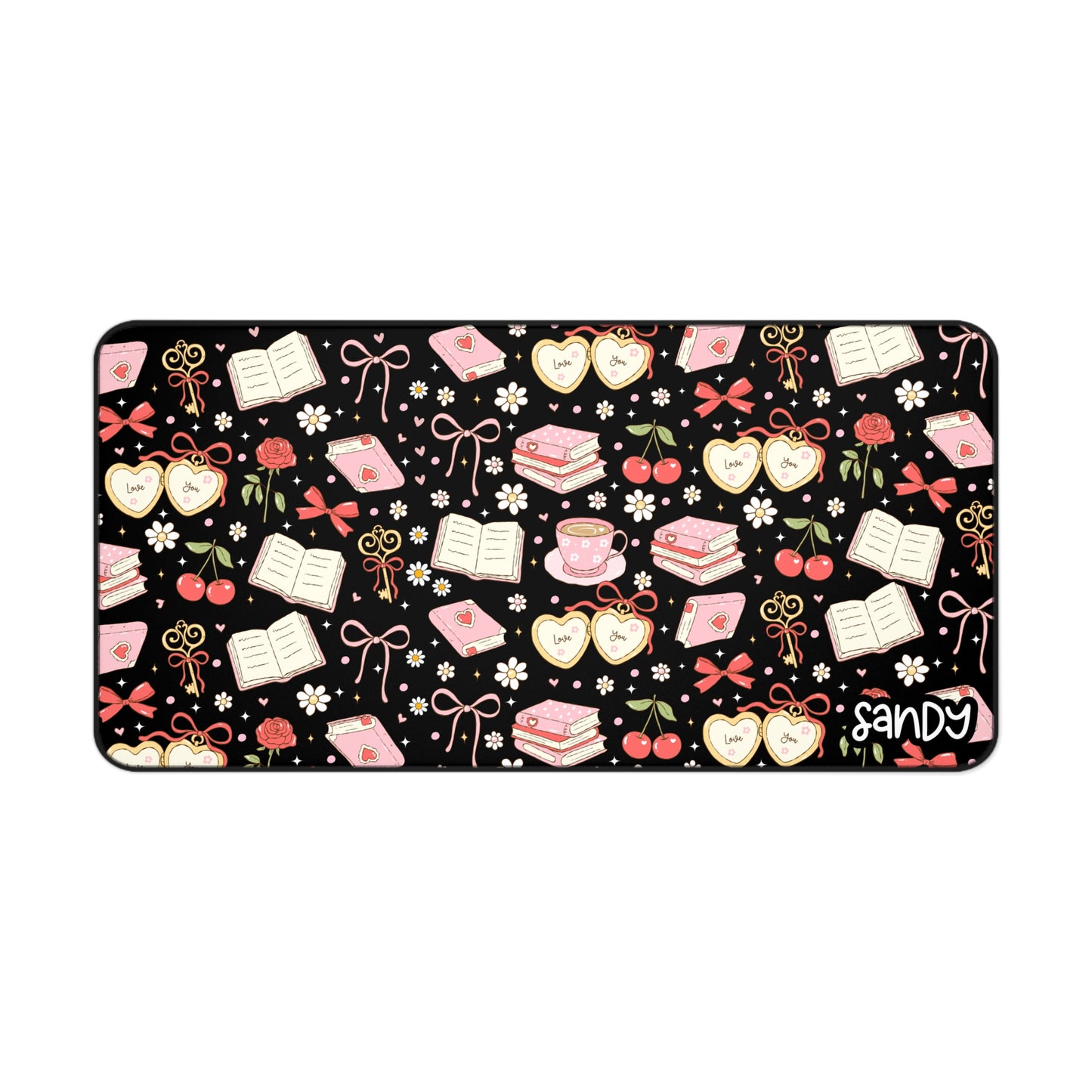 Bookish Cherry Desk Mat (black) — Pink Hearts, Tea & Reading Pattern Mouse Pad