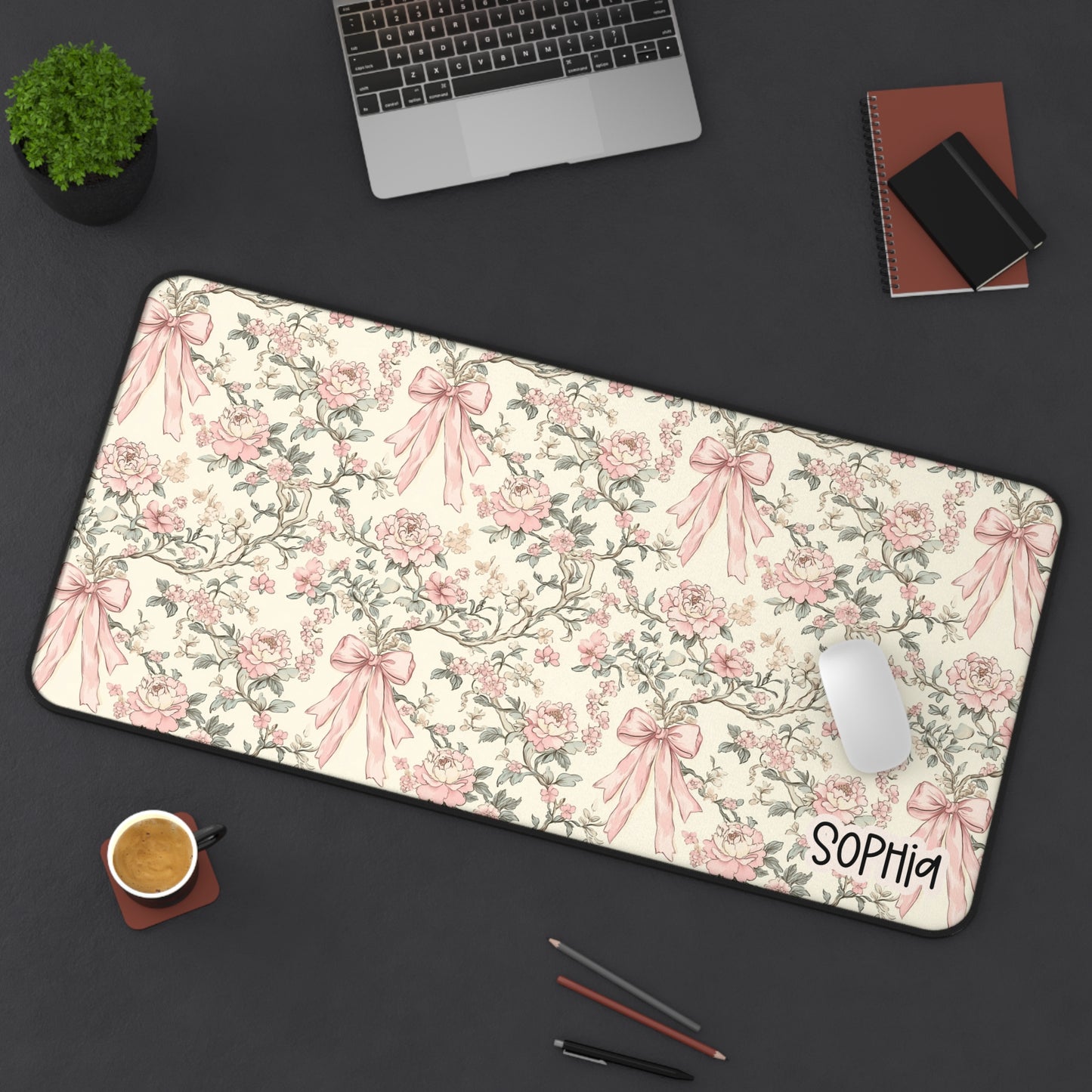 Floral Pink Bow Desk Mat — Personalized Vintage Chic Mouse Pad