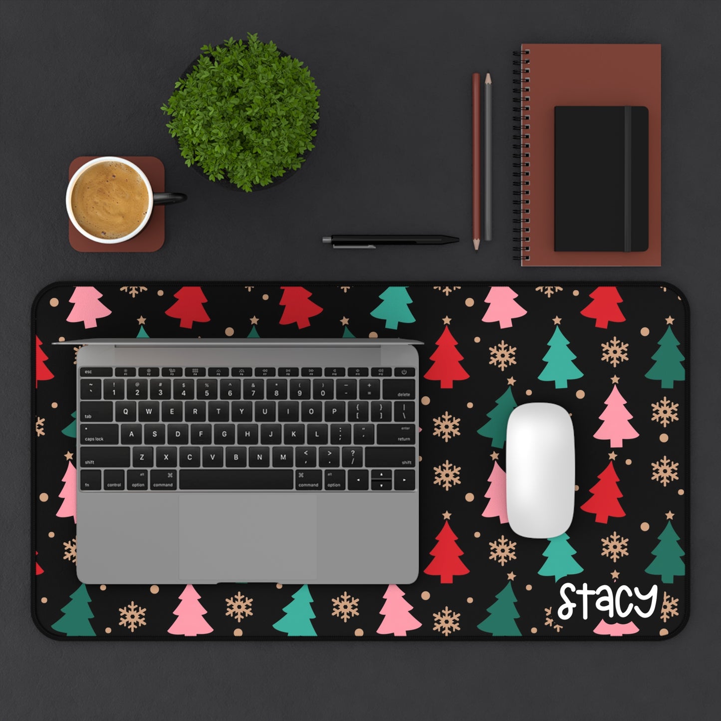 Colorful Christmas Tree Desk Mat (black)- Festive Holiday Office Decor