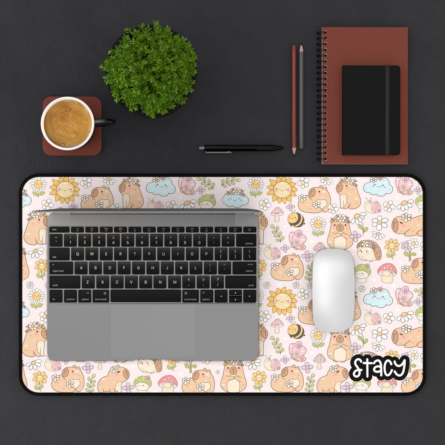 Cute Capybara Desk Mat with Floral Design (pink)- Cute Personalized Desk Mat | Includes Free Tote Bag & Sticker (waterproof)