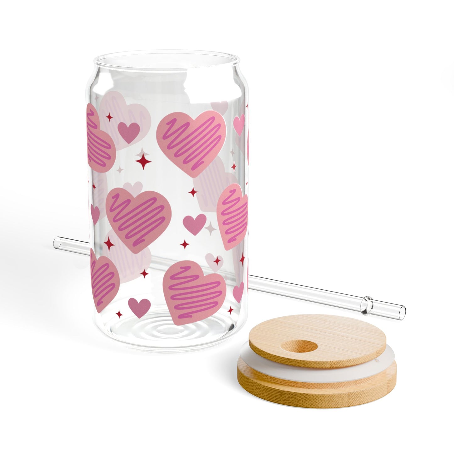 Pink Valentine’s Glass Cup, 16oz | With Lid & Straw