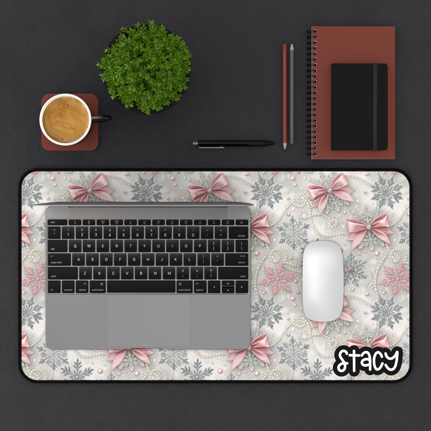 Personalized Holiday Desk Mat with Bows and Snowflakes