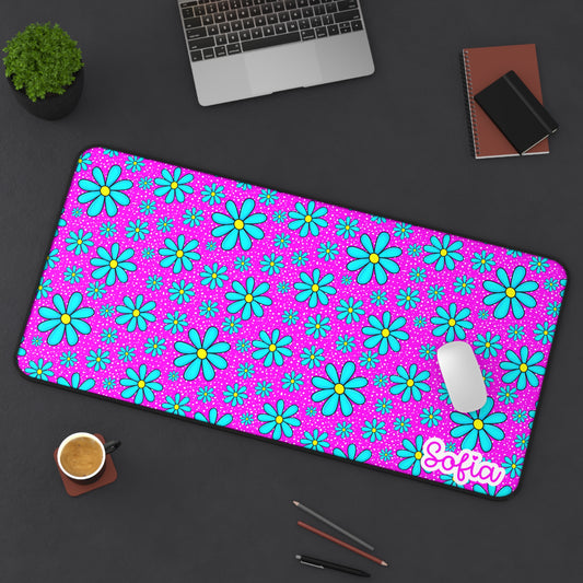 Colorful Neon Pink Aqua Daisies Floral Desk Mat - Fun Office Decor, Personalized Mouse Pad, Bright Workspace Accessory, Gift for Flower Lovers, Retro Style