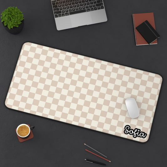 Boho Beige Checkered Desk Mat - Boho Chic Desk Mat - Personalized Desk Mat for Women, Office Decor, Gamer Gift, Study Mat, Custom Workstation Accessory