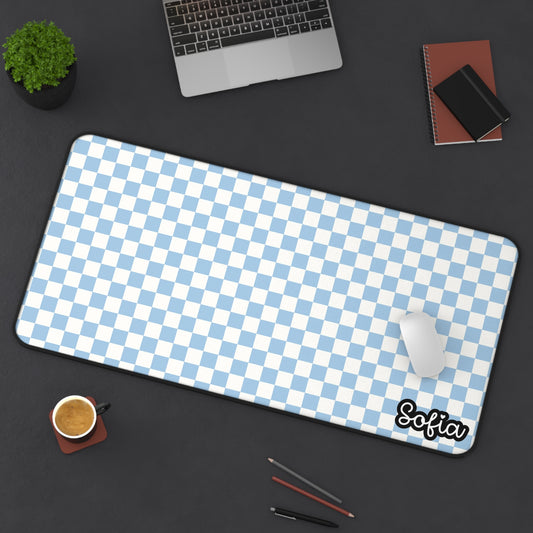 Boho Blue Checkered Desk Mat - Boho Chic Desk Mat - Personalized Desk Mat for Women, Office Decor, Gamer Gift, Study Mat, Custom Workstation Accessory