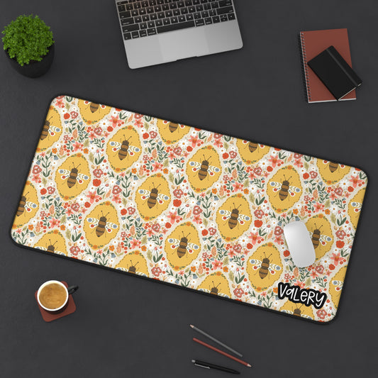 Floral Bee Pattern Desk Mat | Cute Bees Mouse Pad | Cottagecore Bees Desk Mat