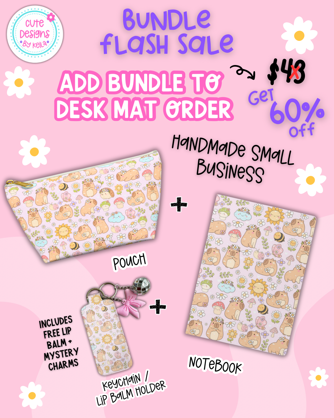 Add this bundle to your capybara desk mat order and get it for 60% off - includes pouch, notebook & lip balm keychain holder matching your desk mat design (original value $43 - 60% discount applied at checkout)