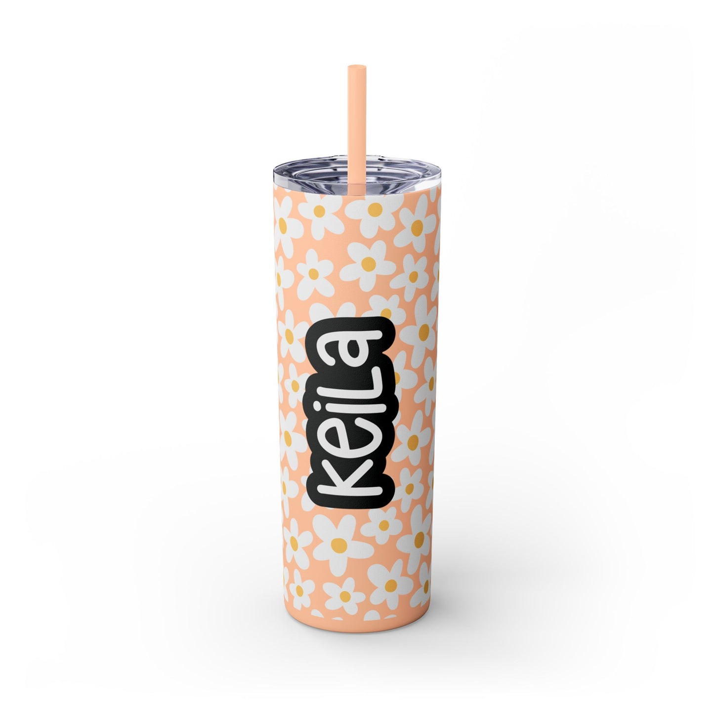 Personalized Retro Flowers Skinny Tumbler with Straw, 20oz