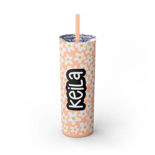 Personalized Retro Flowers Skinny Tumbler with Straw, 20oz