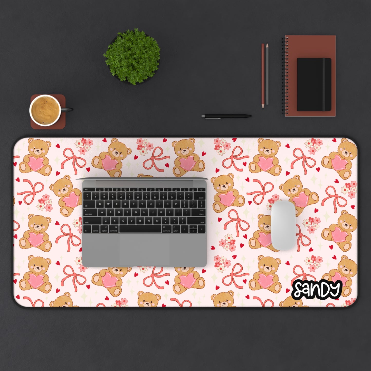 Cute Teddy Bears Desk Mat — Pink Hearts & Bows Mouse Pad