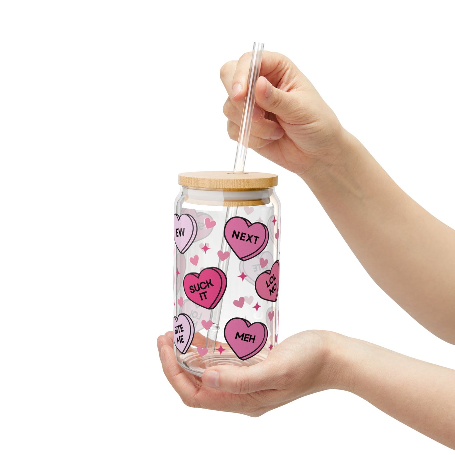 Valentine’s Glass Cup, 16oz | With Lid & Straw