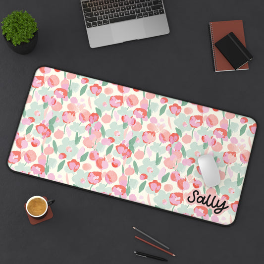 Personalized Soft Pink Floral Desk Mat - Custom Name Office Decor