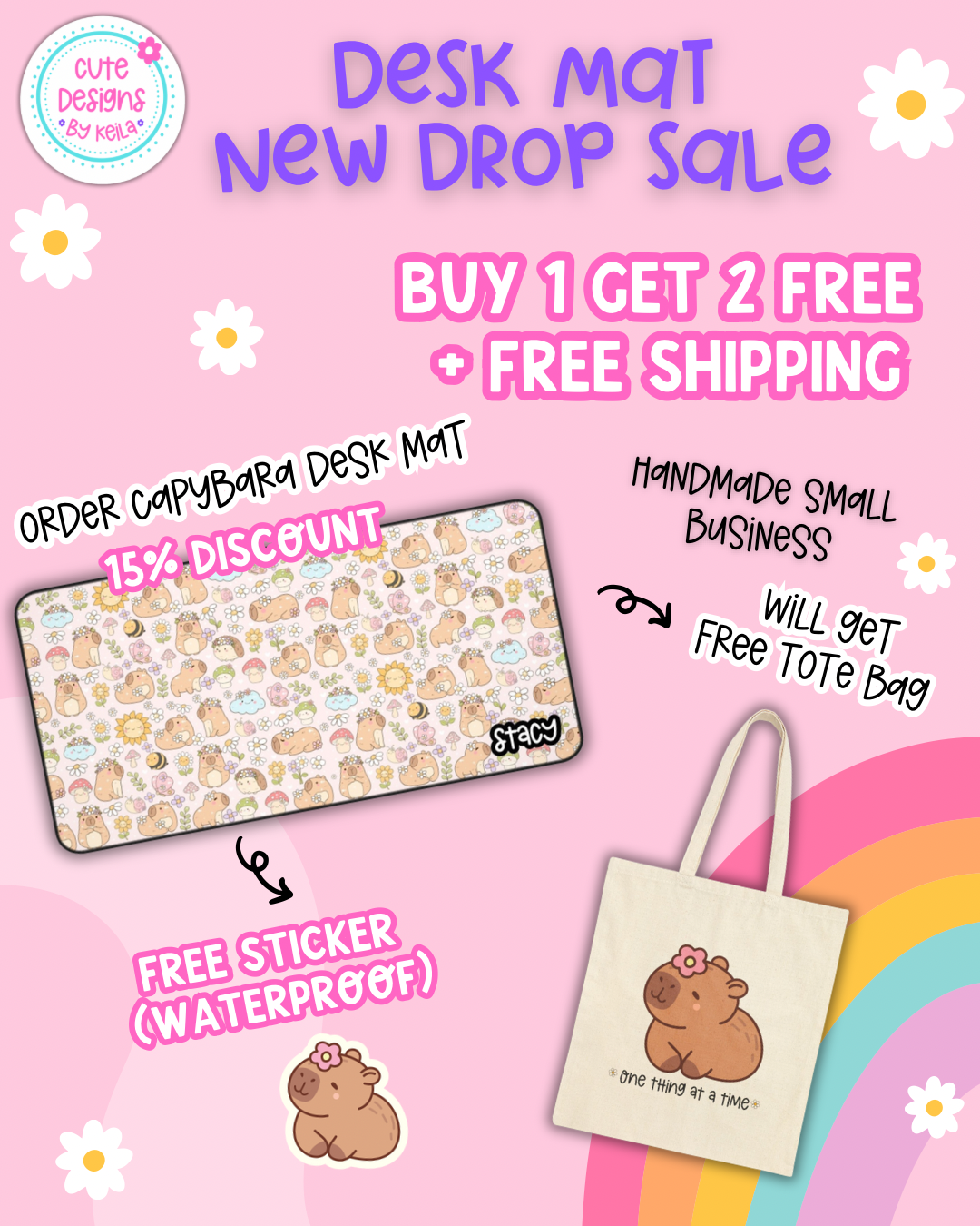 Cute Capybara Desk Mat with Floral Design (pink)- Cute Personalized Desk Mat | Includes Free Tote Bag & Sticker (waterproof)