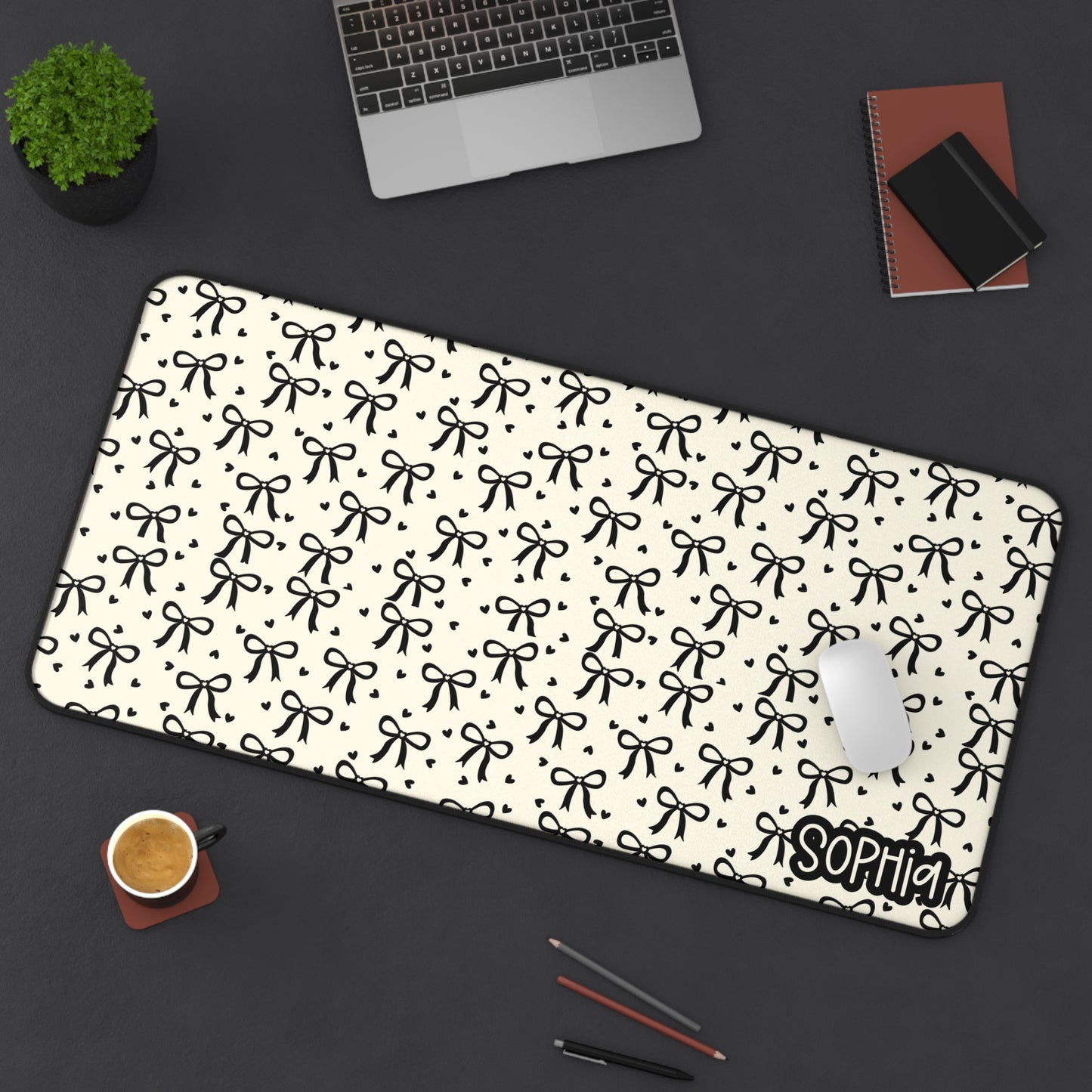 Black Bows Pattern Desk Mat — Cute Black Ribbon Mousepad with Name Accent