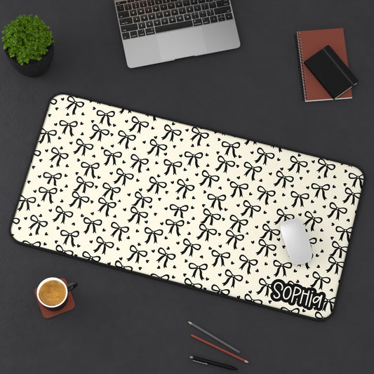 Black Bows Pattern Desk Mat — Cute Black Ribbon Mousepad with Name Accent