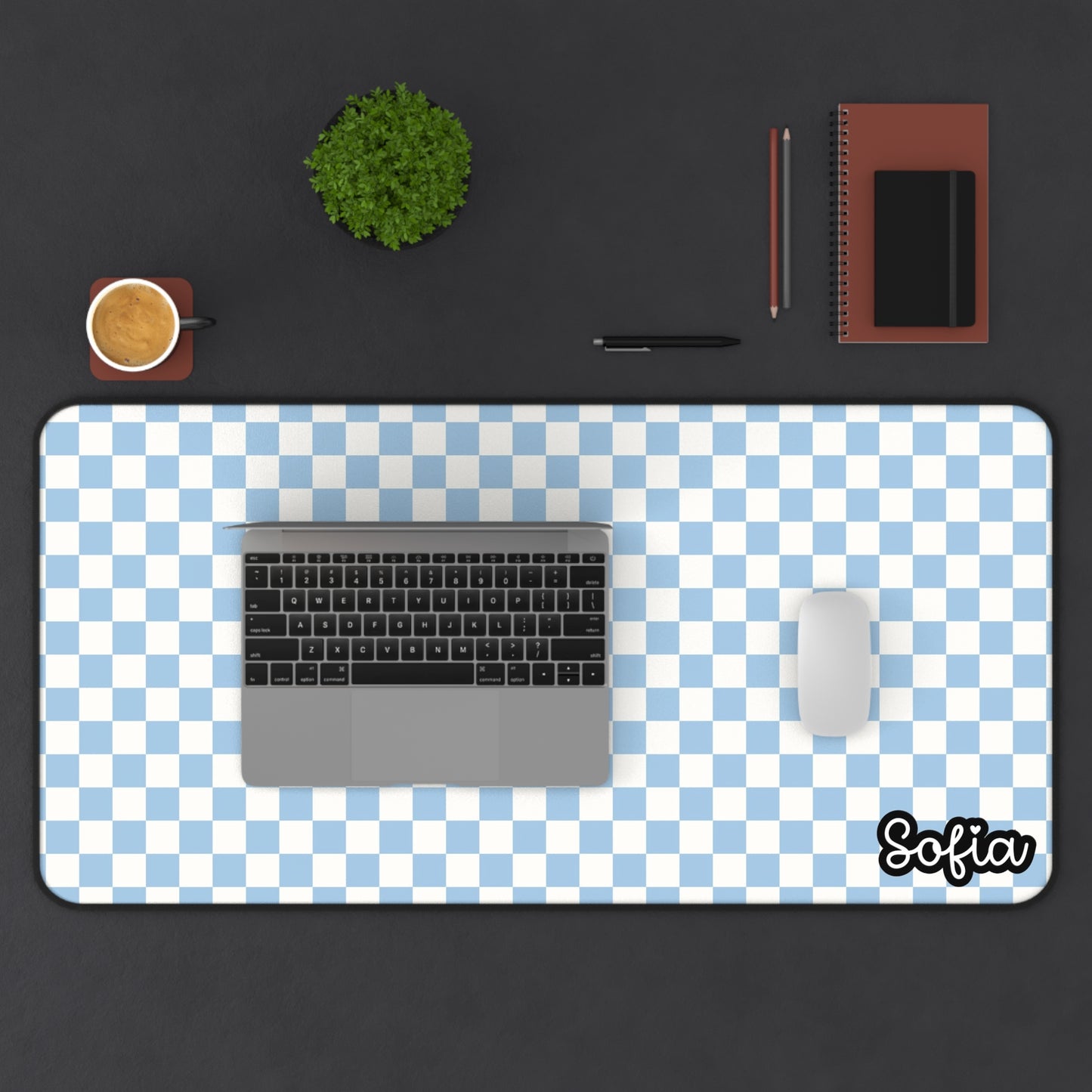 Boho Blue Checkered Desk Mat - Boho Chic Desk Mat - Personalized Desk Mat for Women, Office Decor, Gamer Gift, Study Mat, Custom Workstation Accessory