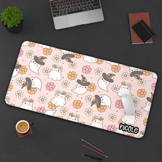 Pink Ghosty Desk Mat, Cute Ghost Desk Mat with Floral Design, Office Decor, Gamer Desk Pad, Personalized Mat, Halloween Gift, Home Office Accessories