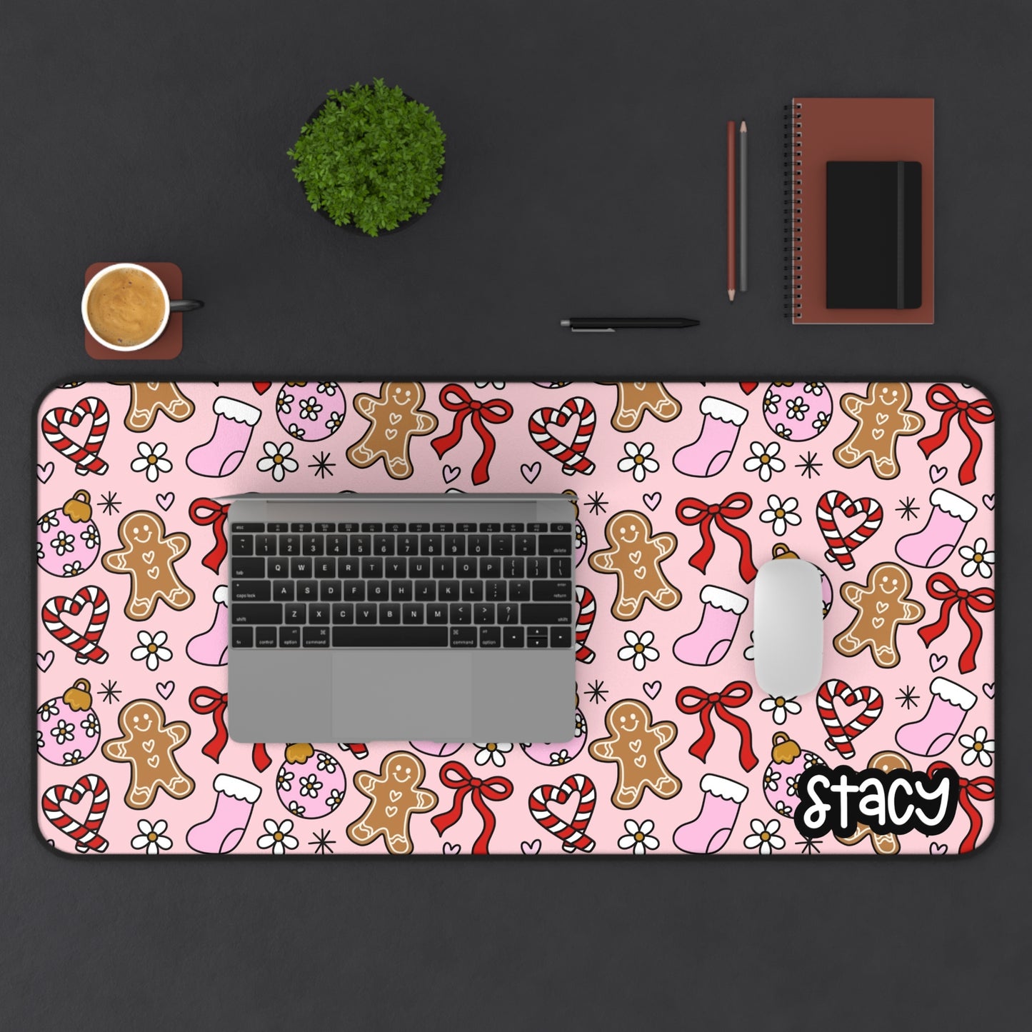 Pink Gingerbread & Christmas Stockings Desk Mat