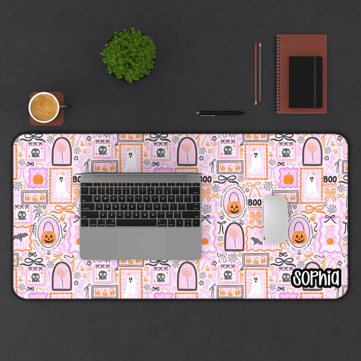Pink Preppy Halloween Desk Mat | Cute Ghost, Pumpkin & Bow Desk Pad | Personalized Halloween Desk Decor