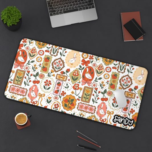 Colorful Floral Desk Mat with Vintage strawberries Vibe, Office Decor, Gift for Students, Home Office, Work From Home Setup