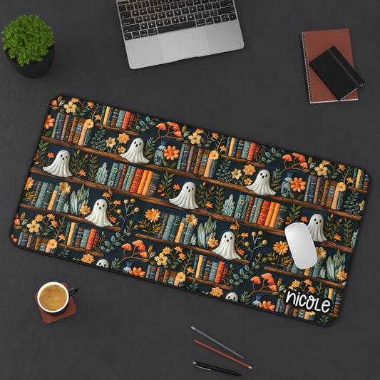 Bookish Spooky Ghost Desk Mat - Halloween Decor, Home Office, Gamer Gift, Unique Desk Accessory, Personalized Mat