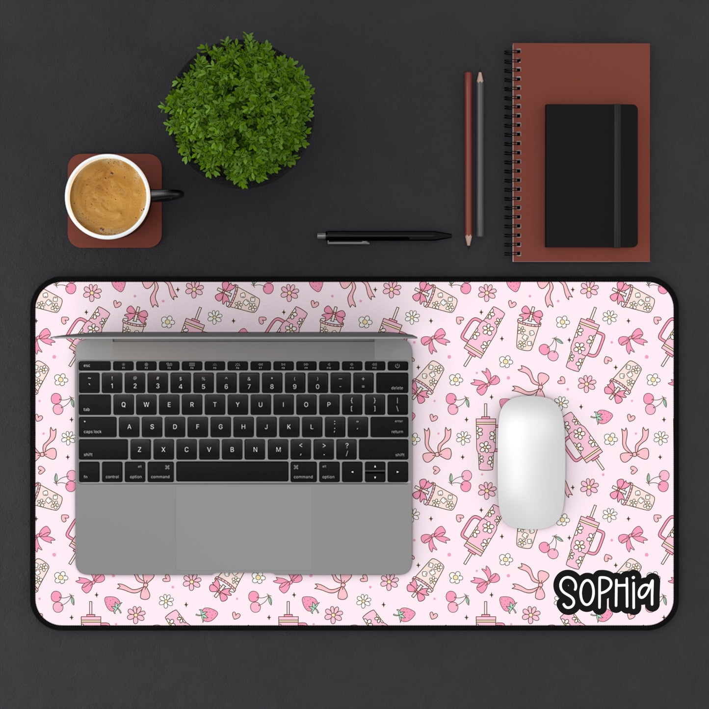 Cute Coffee & Ribbon Pattern | Pink Kawaii Desk Mat