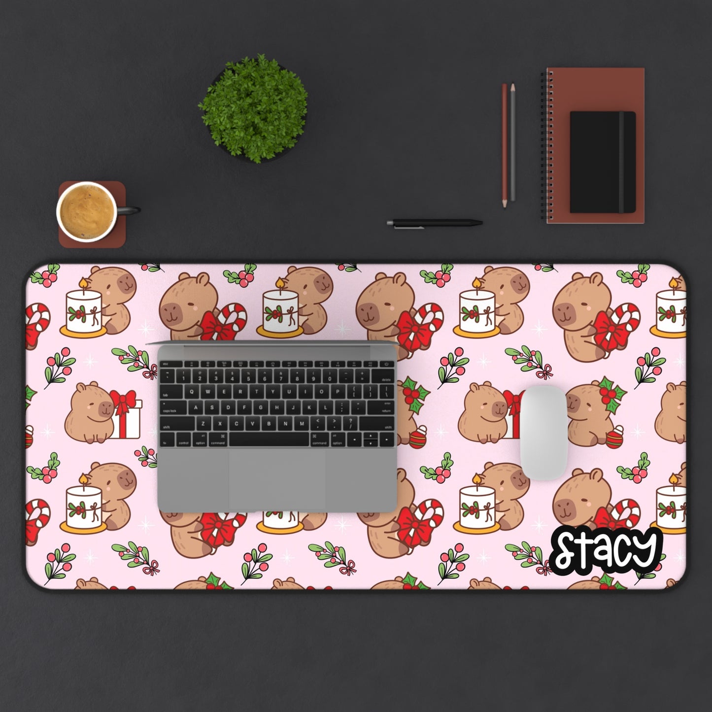 Cute Christmas Capybara Desk Mat (pink) with Personalization