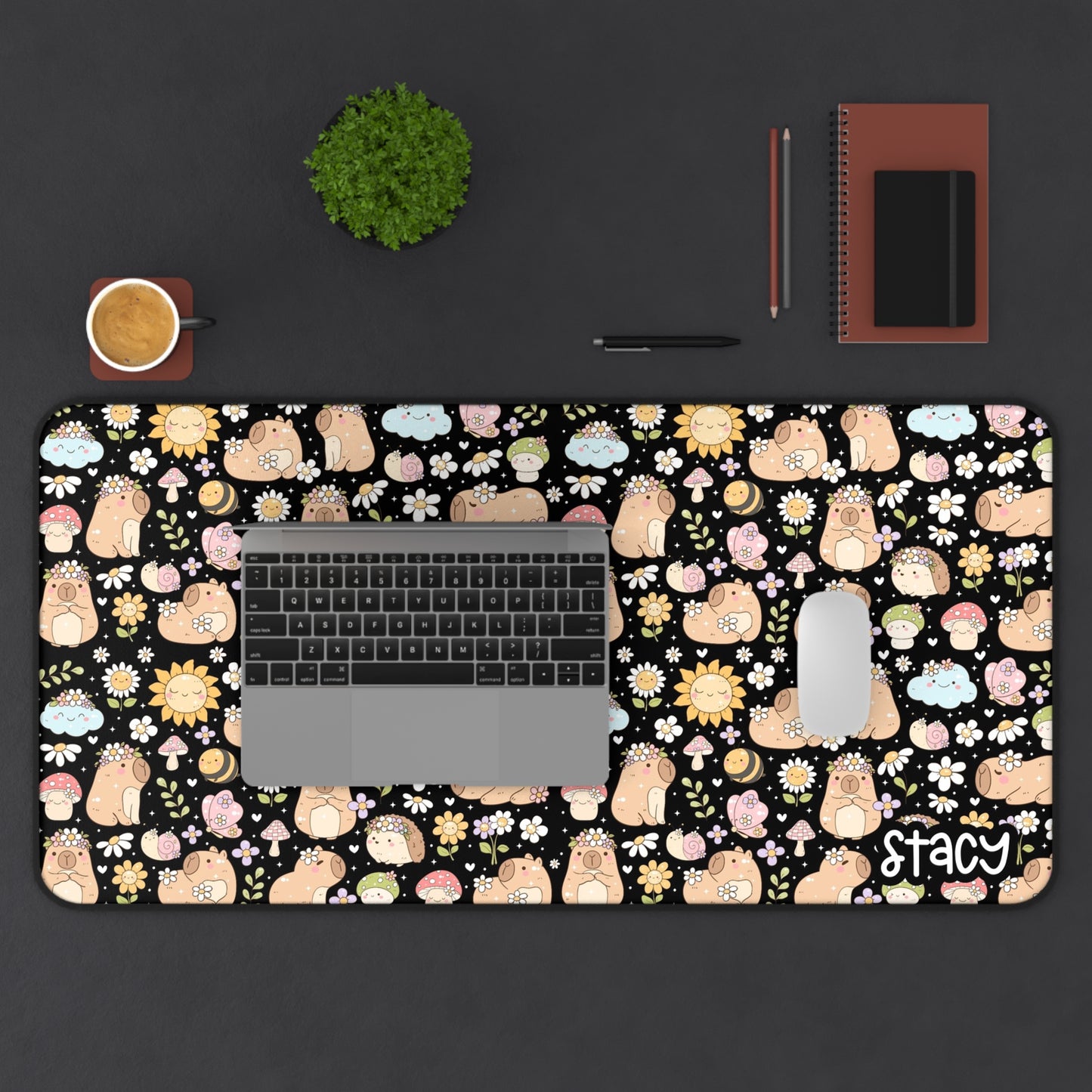Cute Capybara Desk Mat with Floral Design (black)- Cute Personalized Desk Mat | Includes Free Tote Bag & Sticker (waterproof)