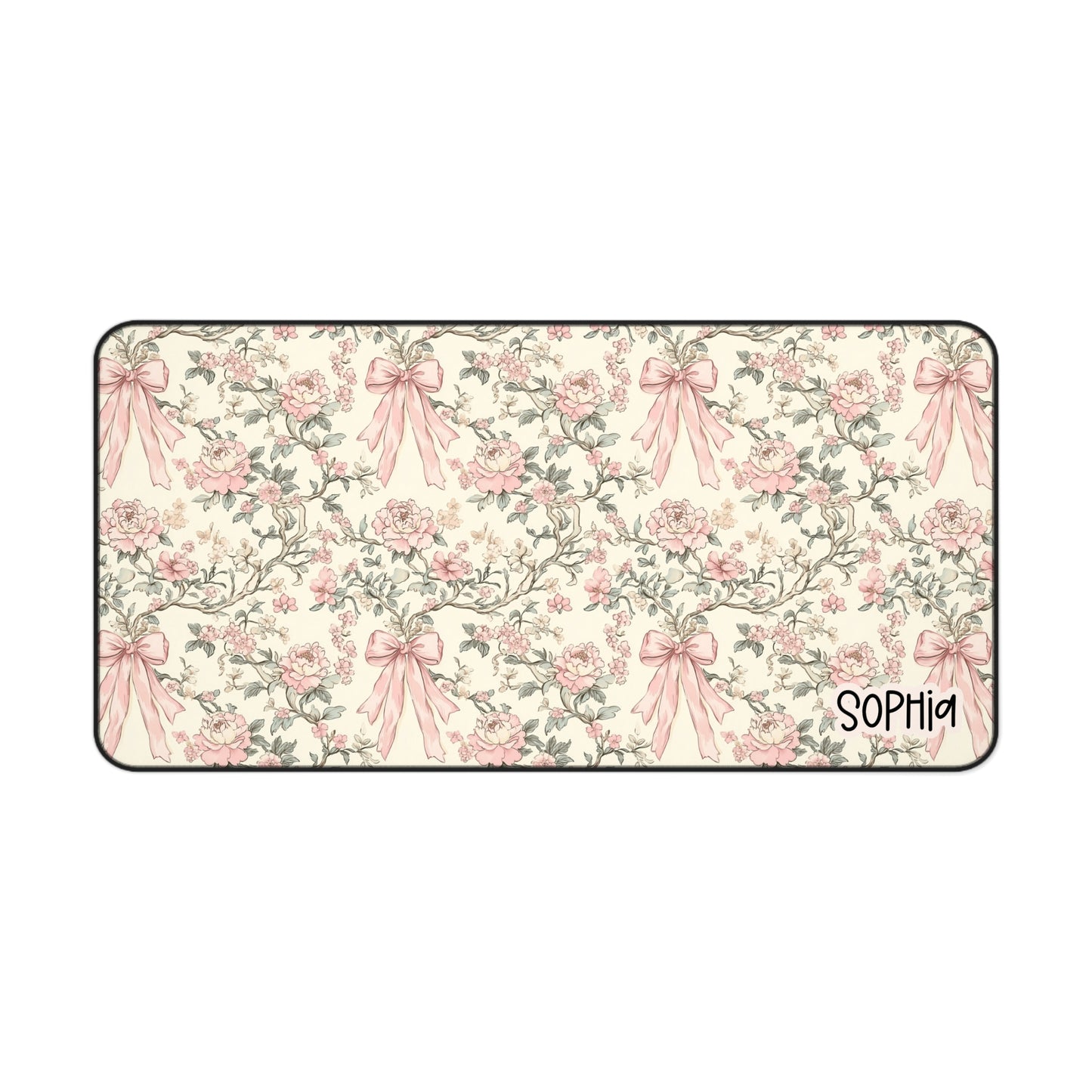 Floral Pink Bow Desk Mat — Personalized Vintage Chic Mouse Pad
