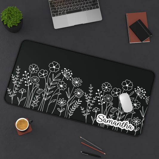 Minimalist Flower Field Personalized Desk Mat Black | Personalized Desk Mat | Cute Desk Pad