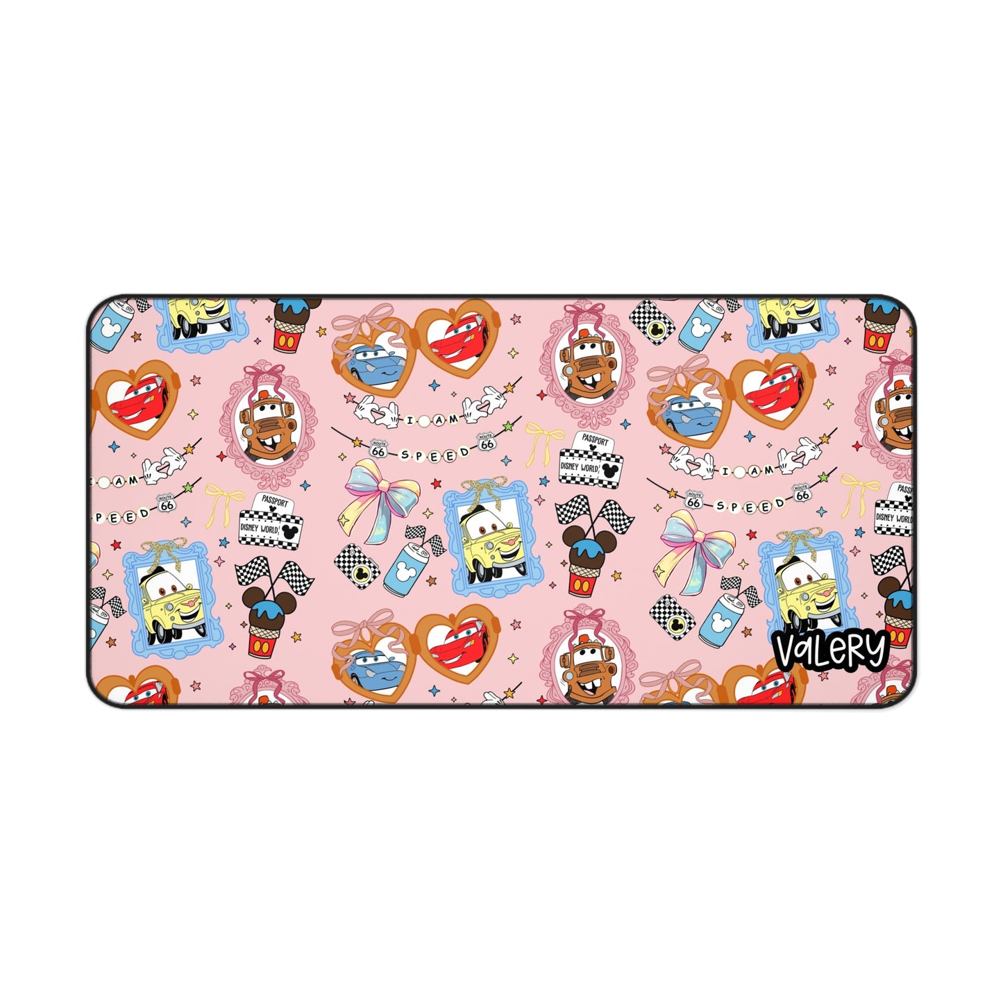 Coquette Cars Pink Pattern Desk Mat | Cute Cars Mousepad | Cute Lightning & Friends Desk Mat