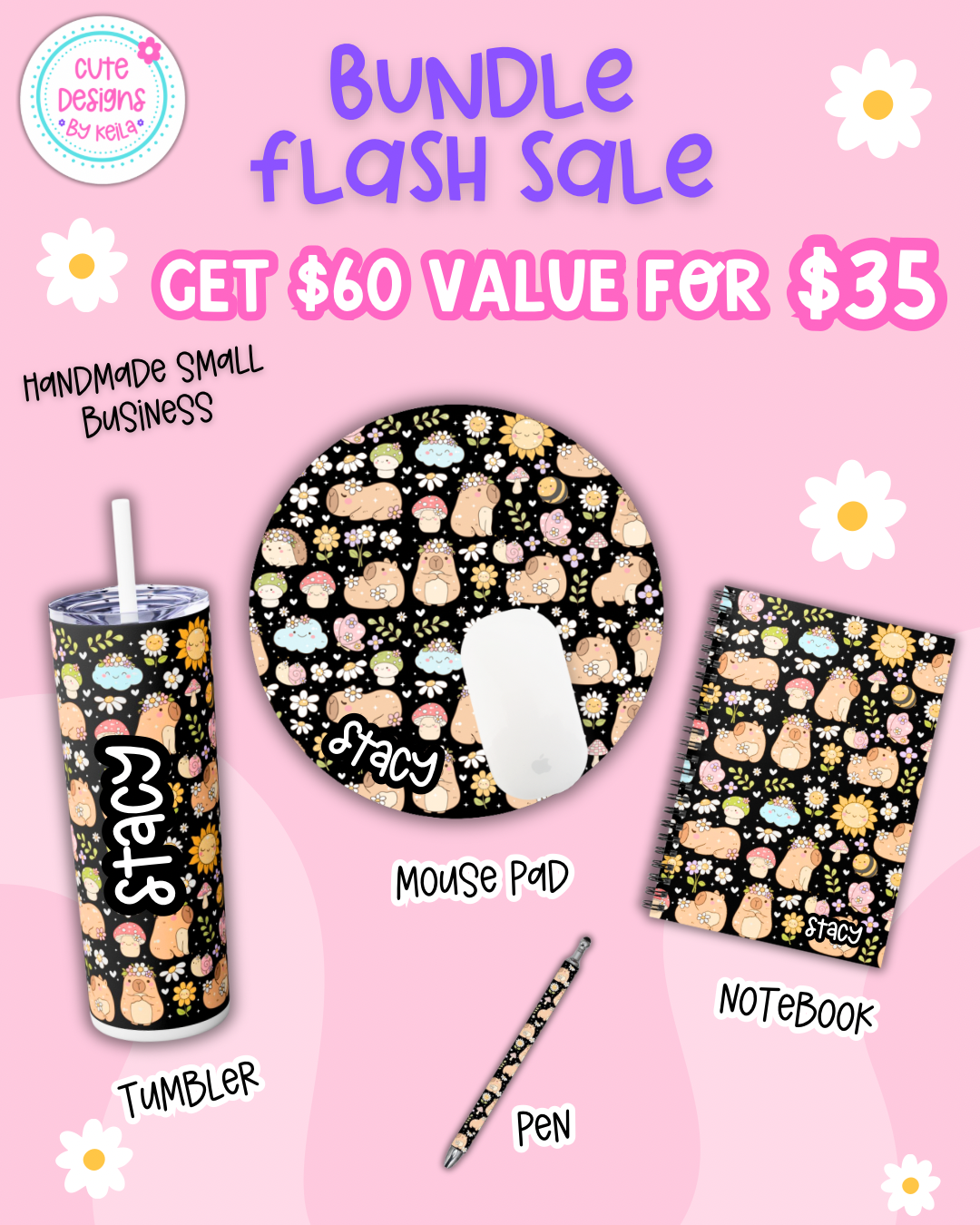 Matching Capybara mousepad, notebook, pen and 20oz Tumbler (black)- Personalization option available!