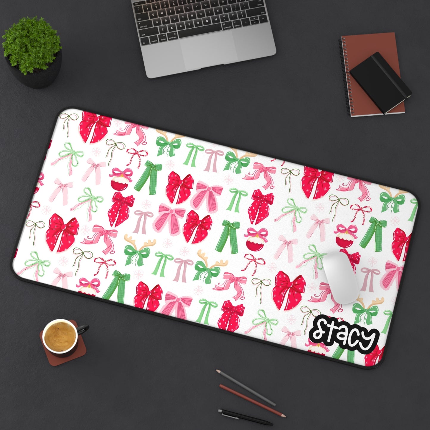 Coquette Christmas Bows Desk Mat (white) - Personalized with Name