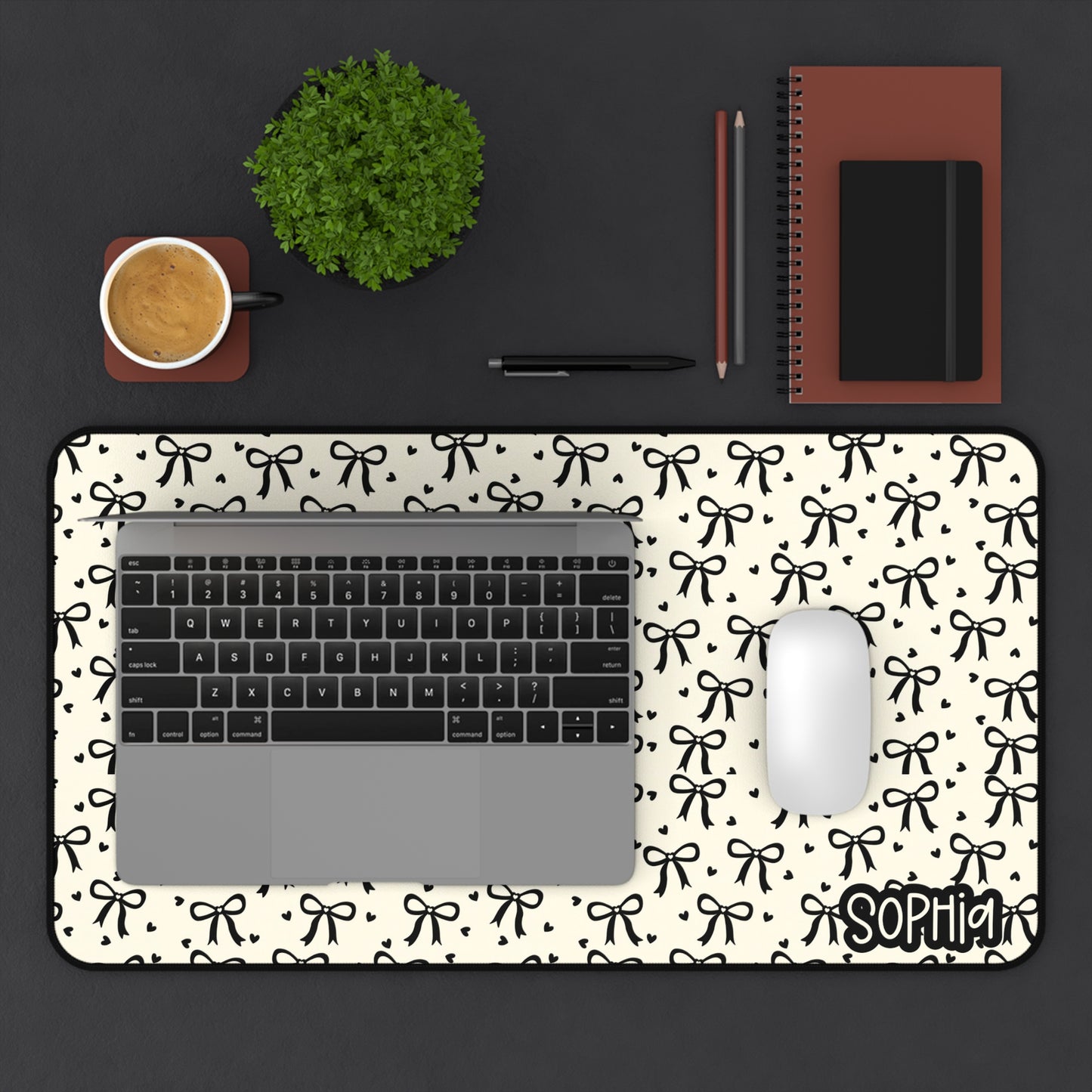 Black Bows Pattern Desk Mat — Cute Black Ribbon Mousepad with Name Accent