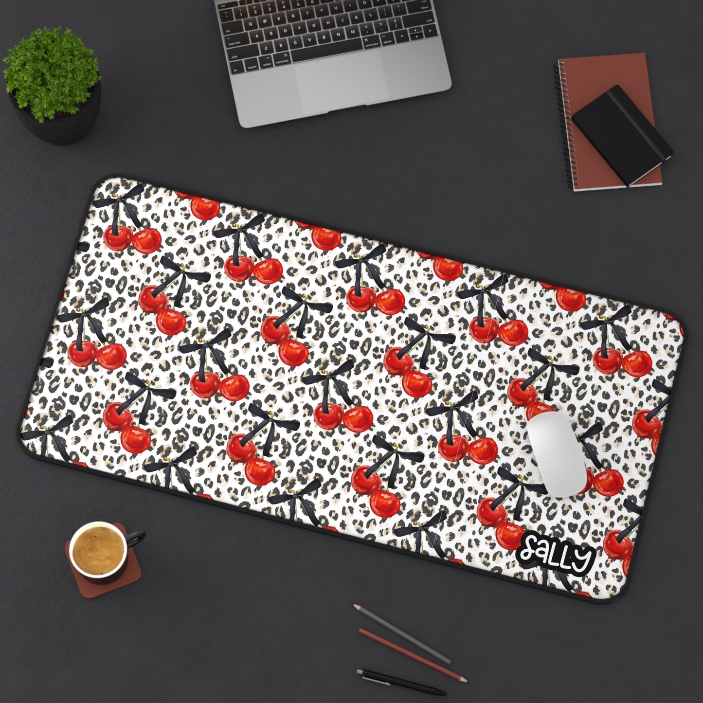 Cherry Leopard Desk Mat — Retro Red Cherry Pattern Mouse Pad