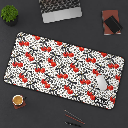 Cherry Leopard Desk Mat — Retro Red Cherry Pattern Mouse Pad