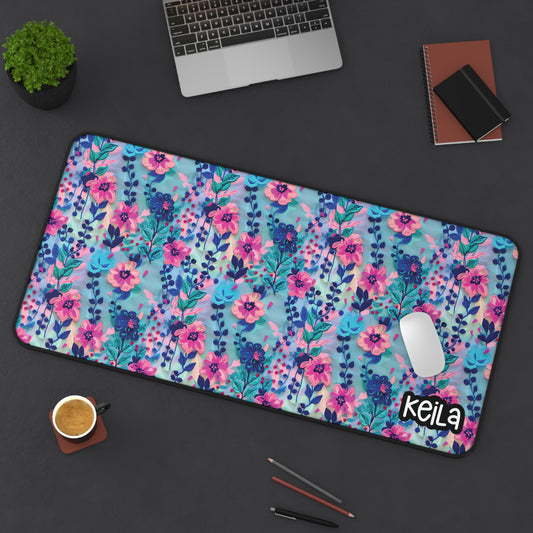 Personalized Blue Floral Embroidered Style Desk Mat | Cute Desk Pads