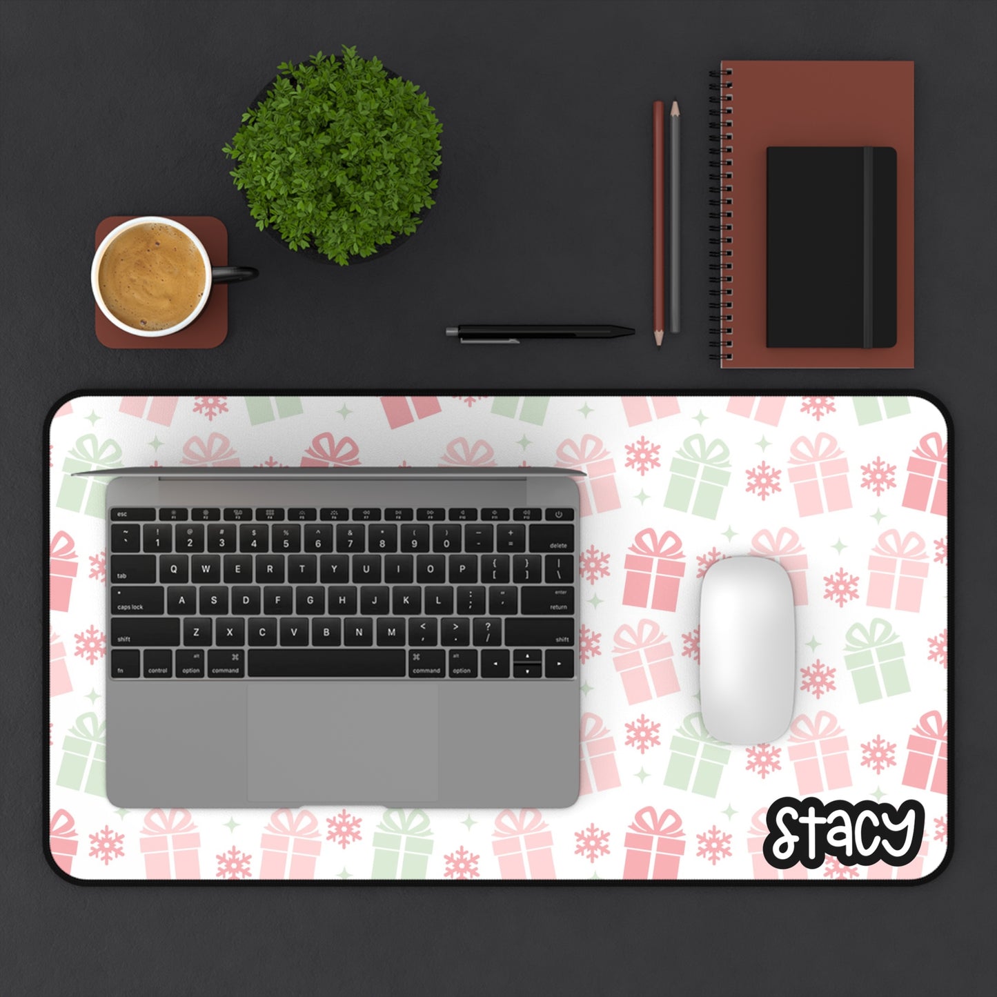 Pink Christmas Gift-Themed Desk Mat (white) - Personalized Holiday Workspace Decor