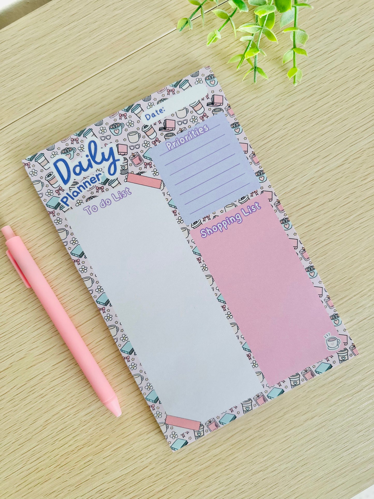 Daily Planner Notepad 8x6 with Pink Pen – Cute Aesthetic To‑Do List, Priorities & Shopping List Desk Pad