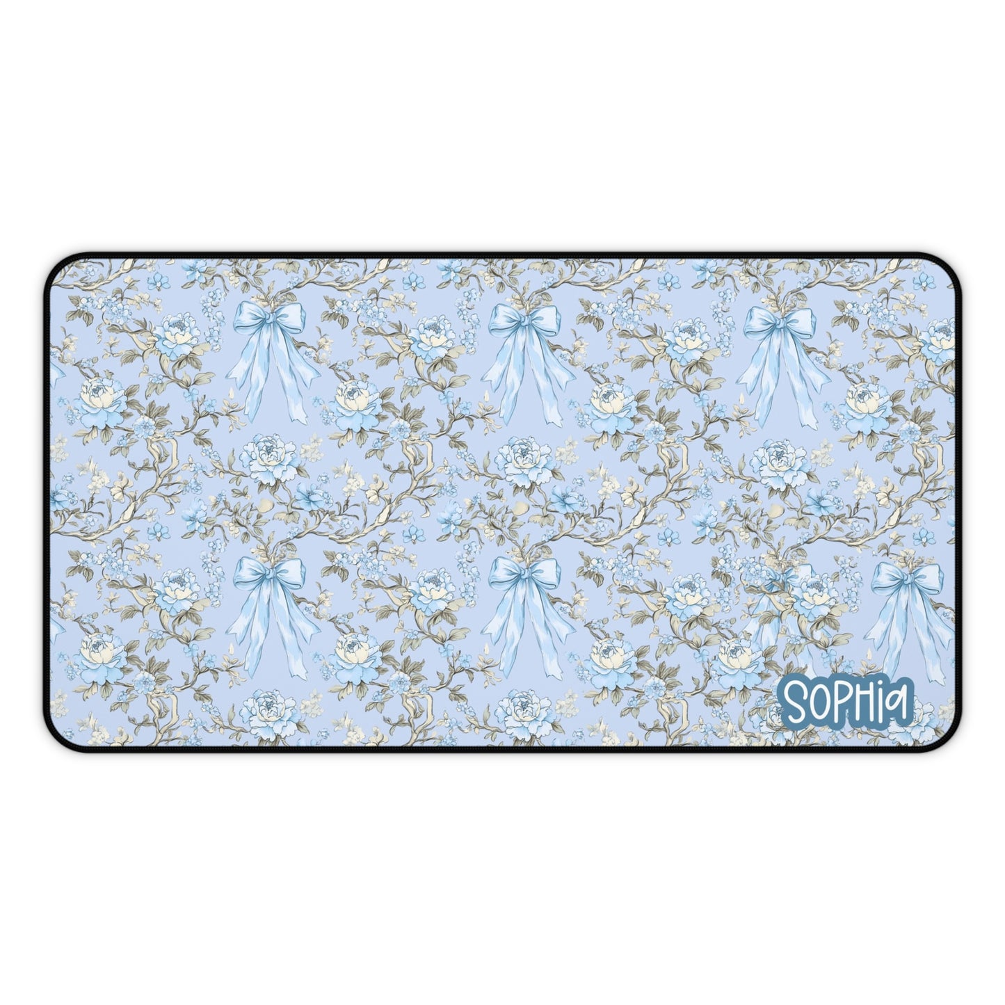 Floral Blue Bow Desk Mat | Blue Pastel Desk Mat | Personalized Vintage Chic Mouse Pad