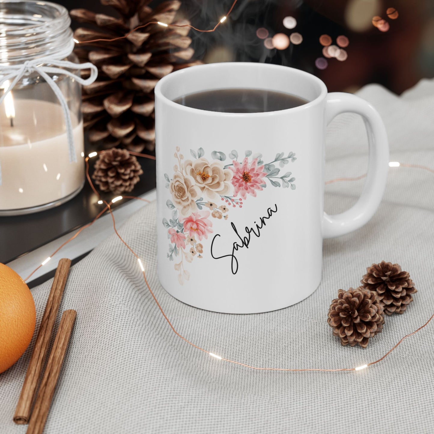 Personalized Coffee Mug (11oz) - Cute Floral Mug with Name