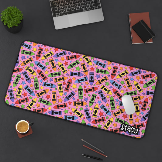 Colorful Crayons Pink Desk Mat, Teacher Desk Mat, Work From Home Gift, Creative Office Decor, Home Office Accessory